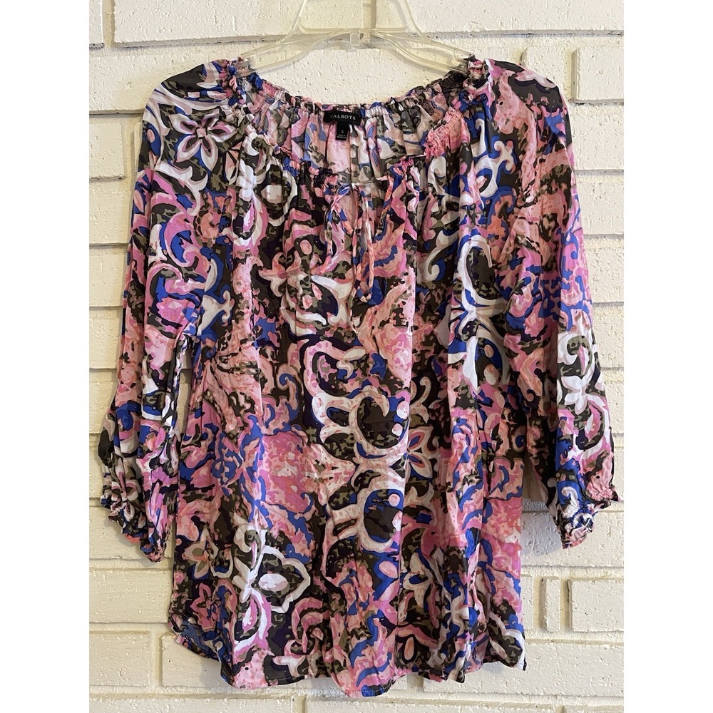 Talbots Size Small Pink & Blue Print Poet Sleeves Keyhole Neck Peasant Blouse